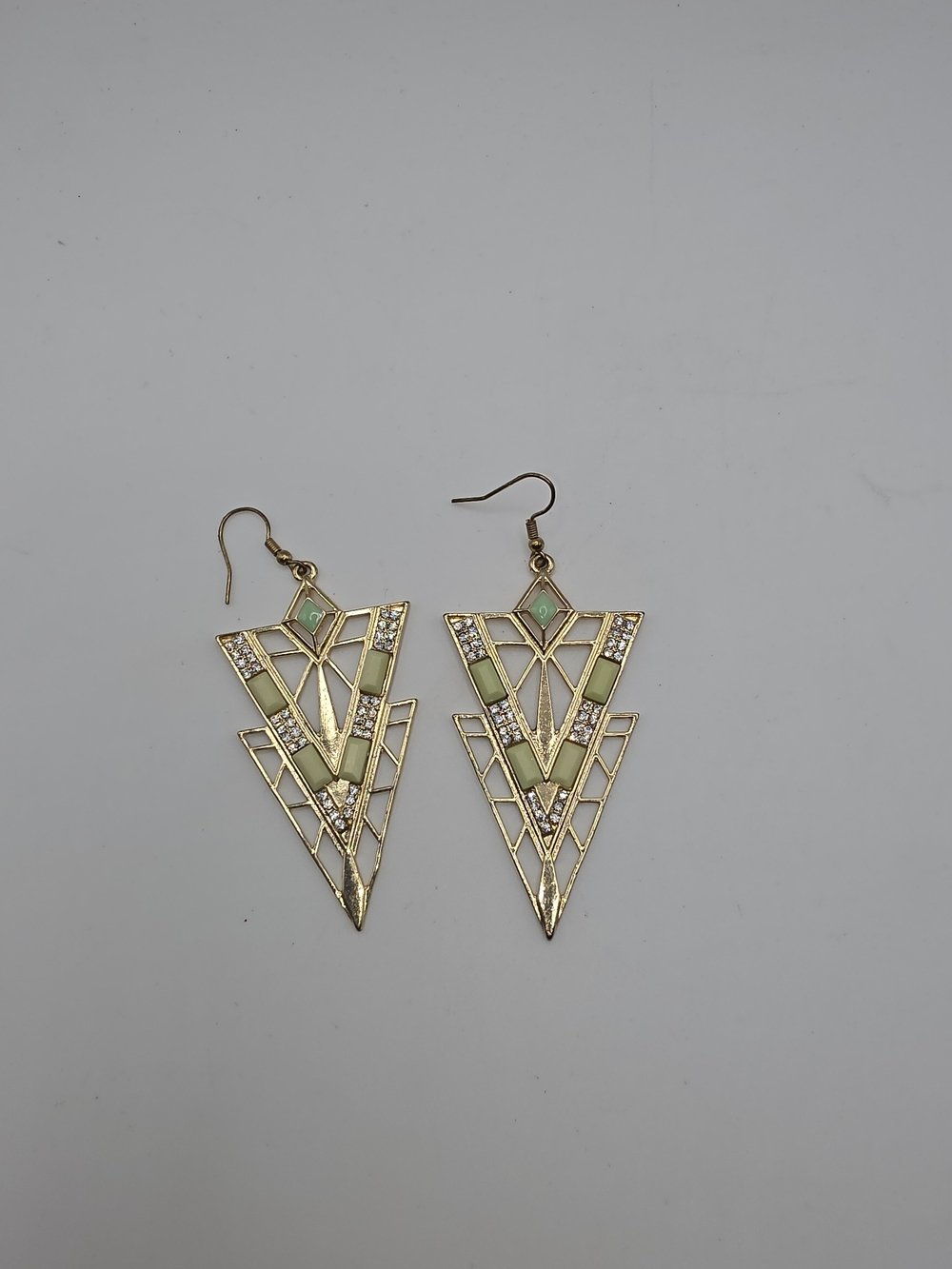 Gold-Tone Geometric Drop Earrings with Pale Green Insets